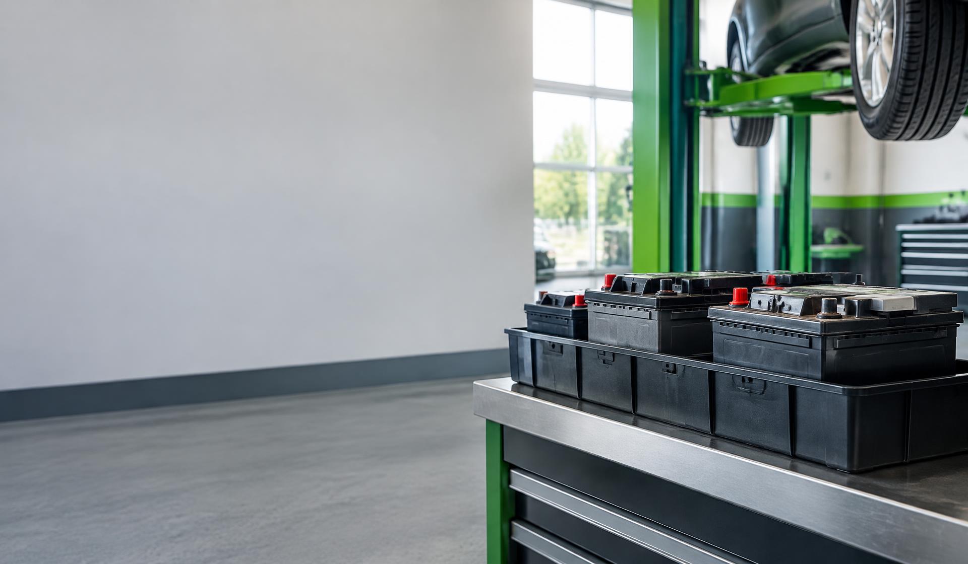 Illustrative vehicle batteries in a containment tray at a garage